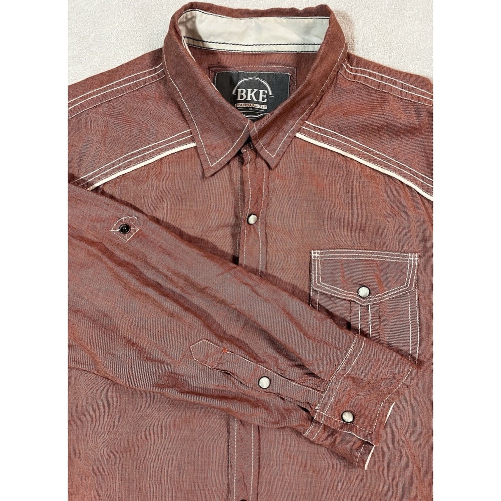 BKE Shirt Mens XL Pearl Snap‎ Standard Fit Western Long Sleeve Rust Flap Pockets